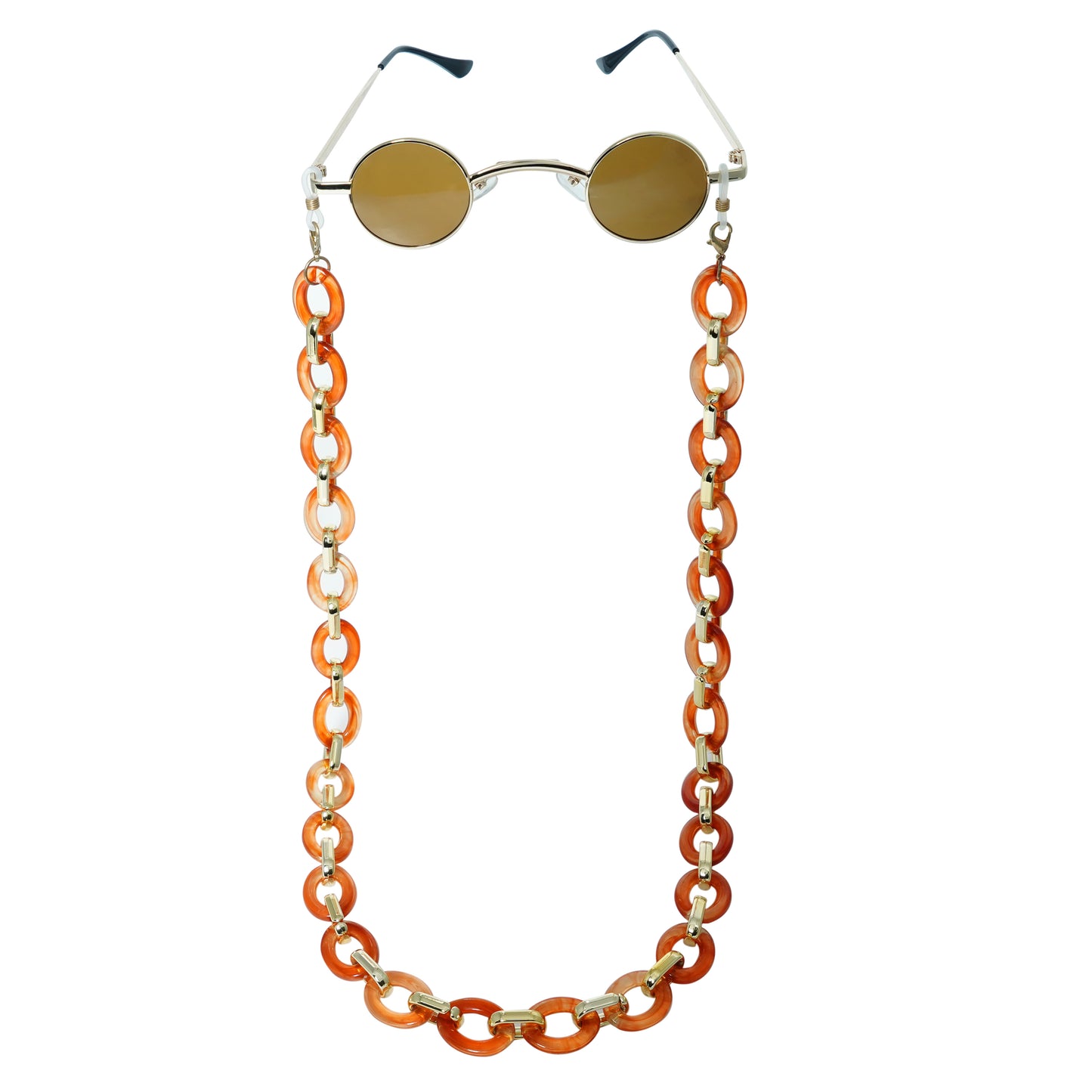 Luxurious brown tinted round oval lenses attached with a large funky orange chain linked with a gold linker.