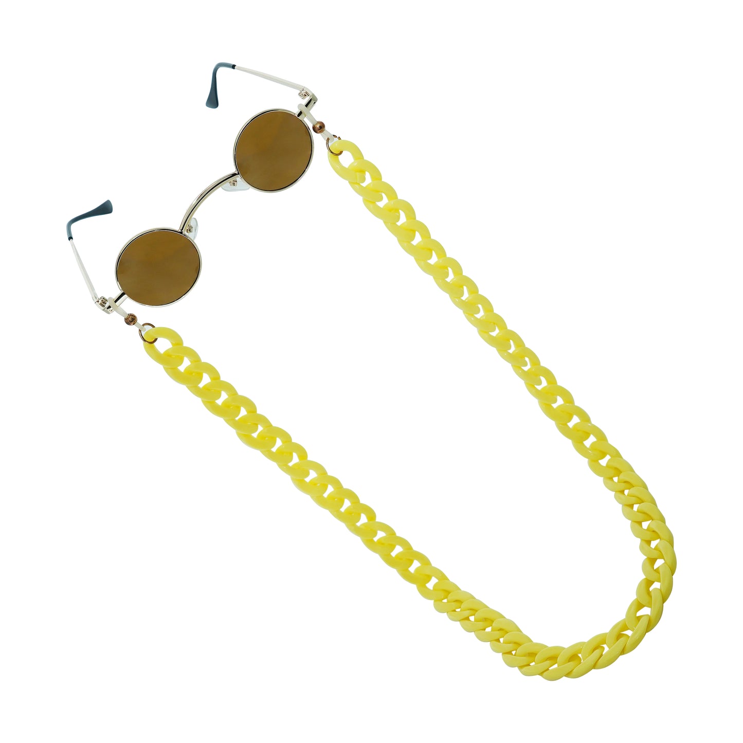 Small-sized sized charming, round, oval brown tinted shades lenses attached with a yellow funky chain-tilted pose