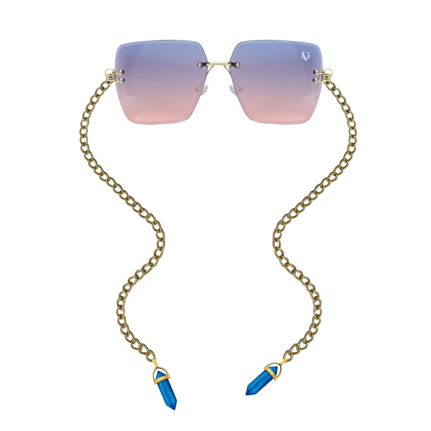 Square gradient sunglasses with gold chain and blue crystal charms-front view