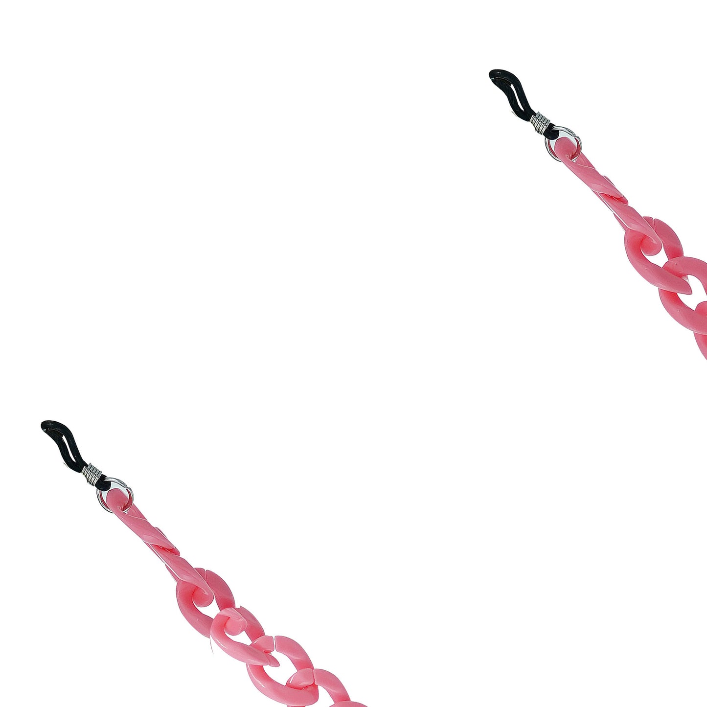 Chunky pink resin sunglasses chain with interlocking links & black rubber loops on each end-top view