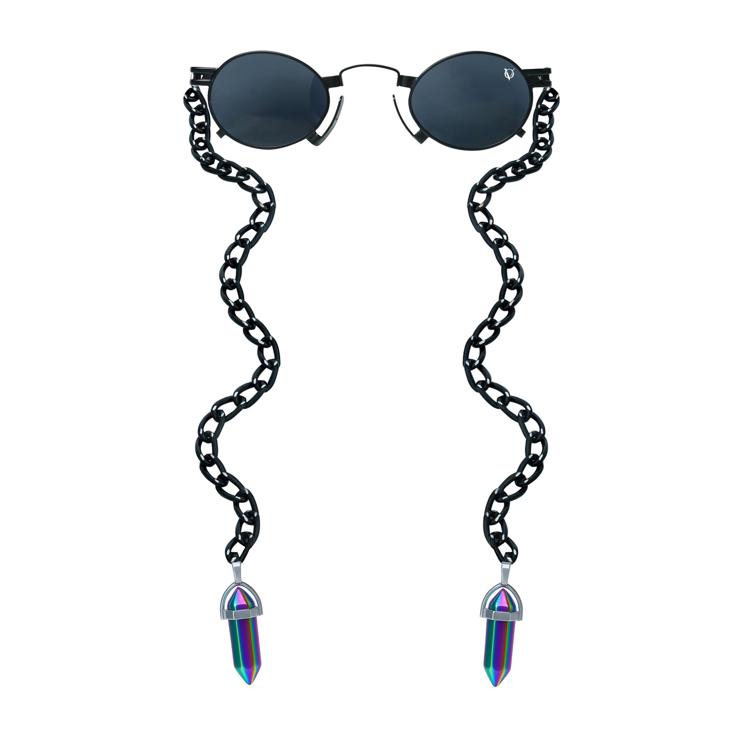 Round black sunglasses with a black metallic chain featuring rainbow-tinted crystal charms-front view