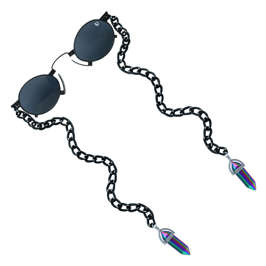 Round black sunglasses with a black metallic chain featuring rainbow-tinted crystal charms-angle view