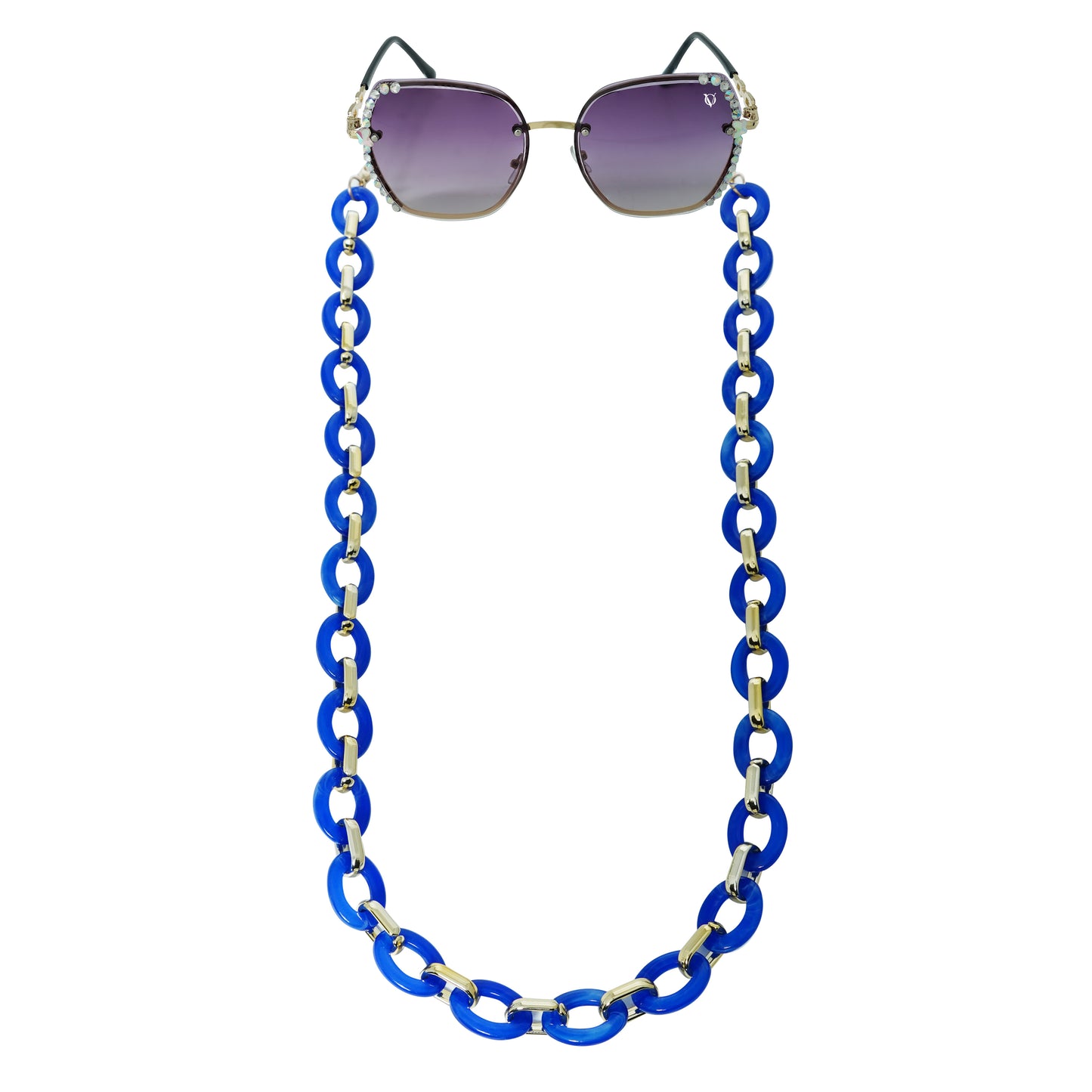 Sunglasses with gradient lenses attached to a bold chunky blue chain -front view