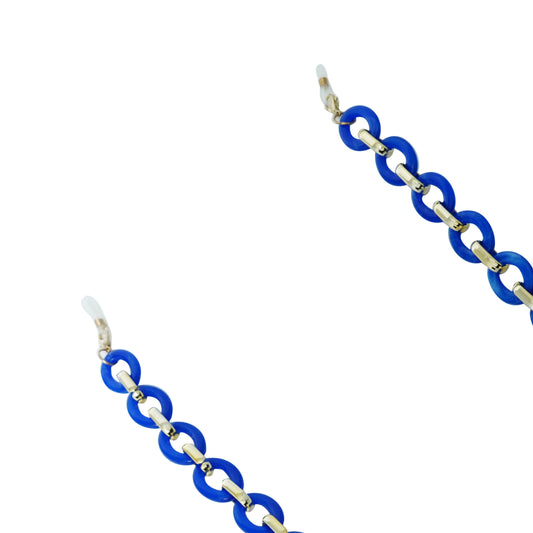 Chunky blue tone resin sunglasses chain with interlocking links & white rubber loops on each end-zoomed view