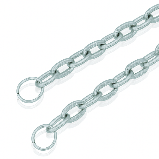 Silver metal oval rings linked to each other to form a silver chain