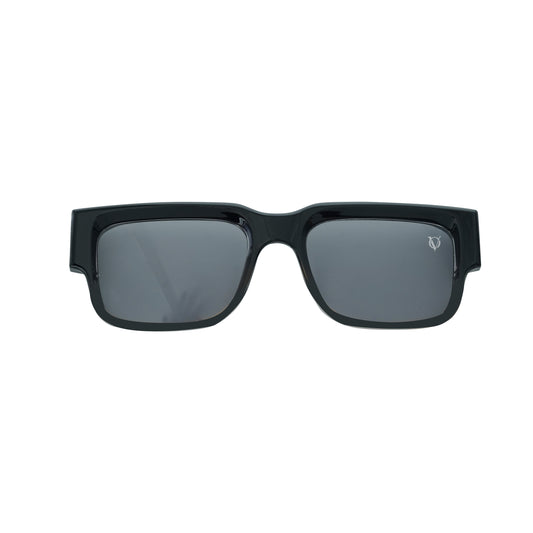 Black square sunglasses with polarized grey lenses and a durable lightweight frame-front view