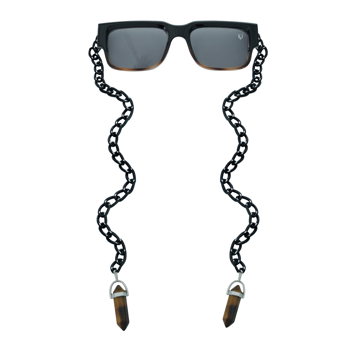 Black rectangular sunglasses with a decorative black chain strap and brown crystal charms attached at the ends-front view