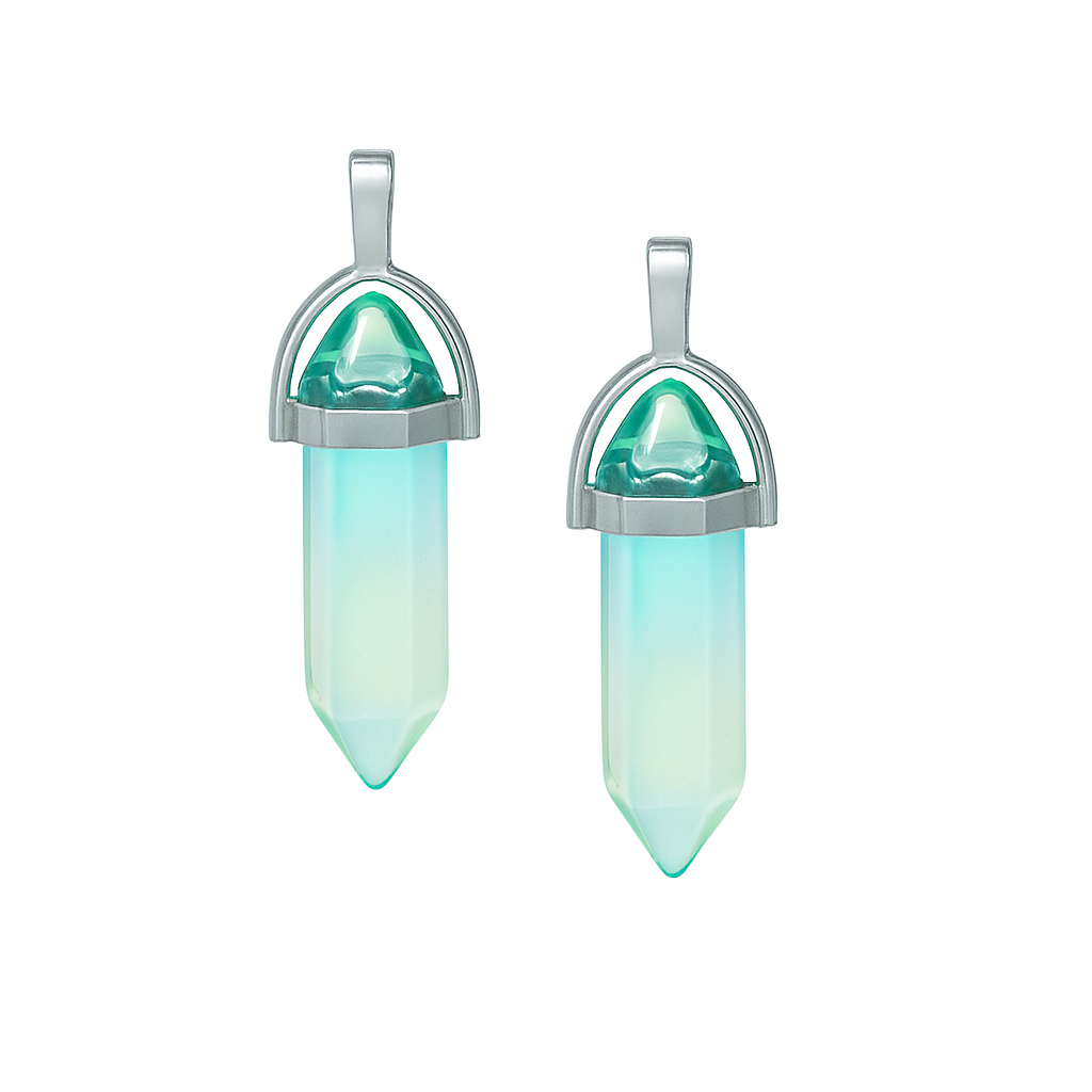 Clear green crystal pointed charms with a silver cap-front view