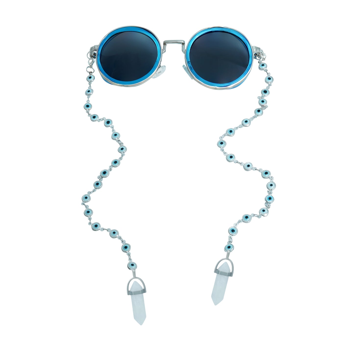 Trendy oversized blue round lenses adorned with a silver-tone evil eye chain and translucent white charm for a fashion statement-front view