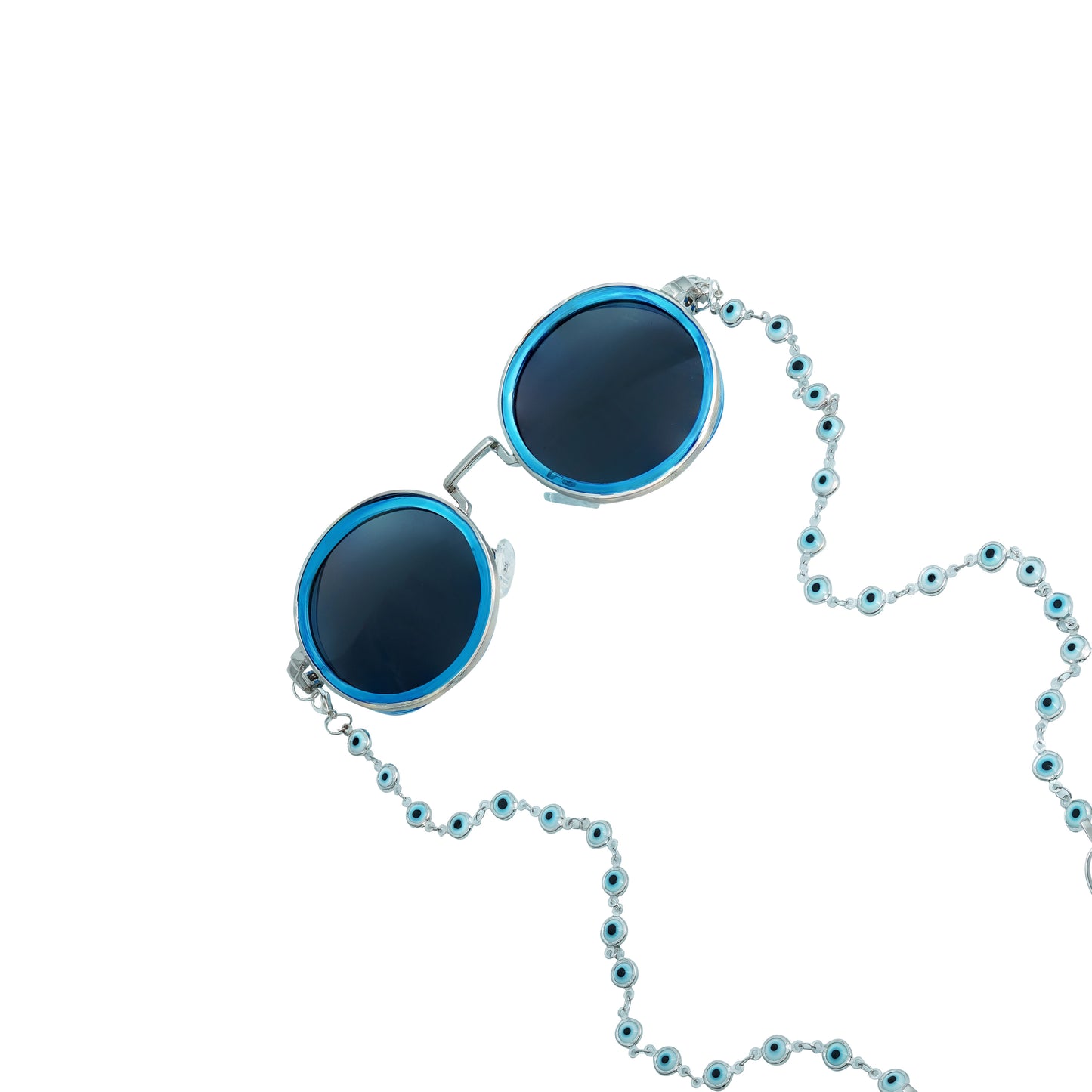 Trendy oversized blue round lenses adorned with a silver-tone evil eye chain and translucent white charm for a fashion statement-tilt pose