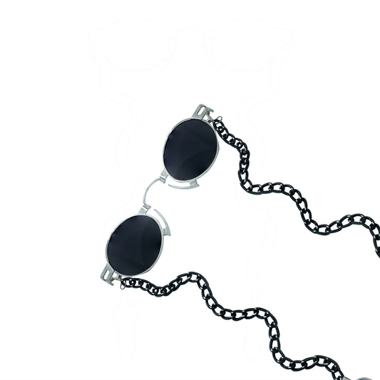 Round oval shaped sunglasses with a silver metallic frame attached to black chain, which holds a pendant shaped holographic vibrant crystal-frame view