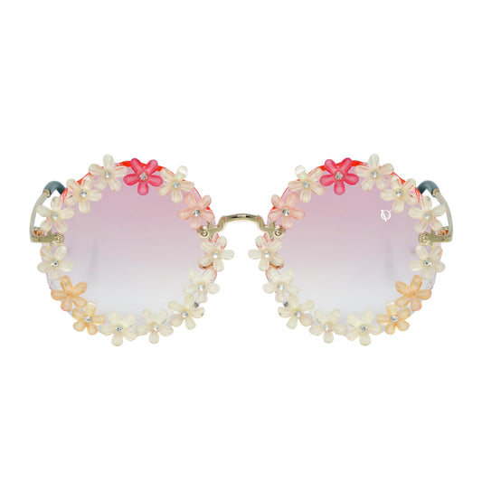 Sunglasses with gradient orange shade, flower crystal-studded lenses-front view