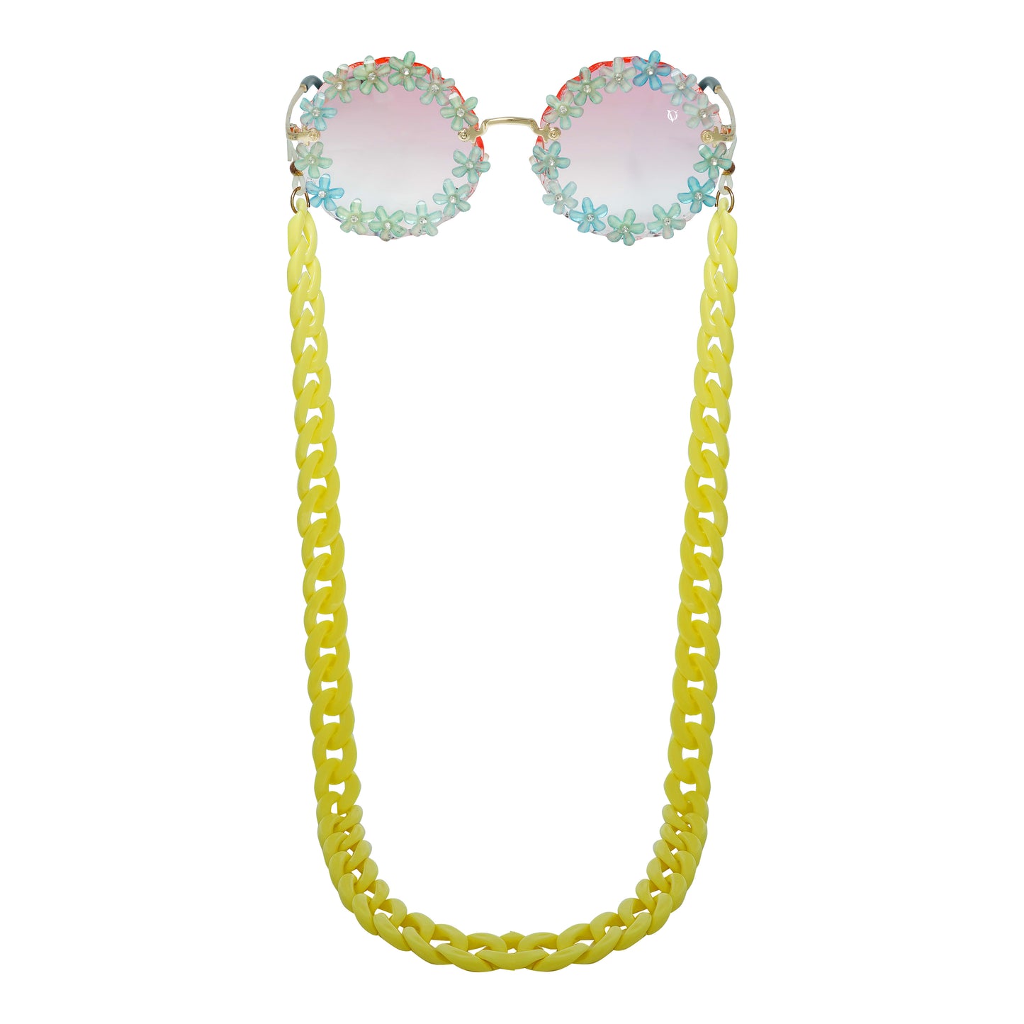 Sunglasses with gradient flower crystal-studded lenses attached to a bold chunky yellow chain-front view