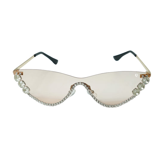 Rimless sunglasses with crystal rhinestone embellishments on the edges and tinted lenses-front view
