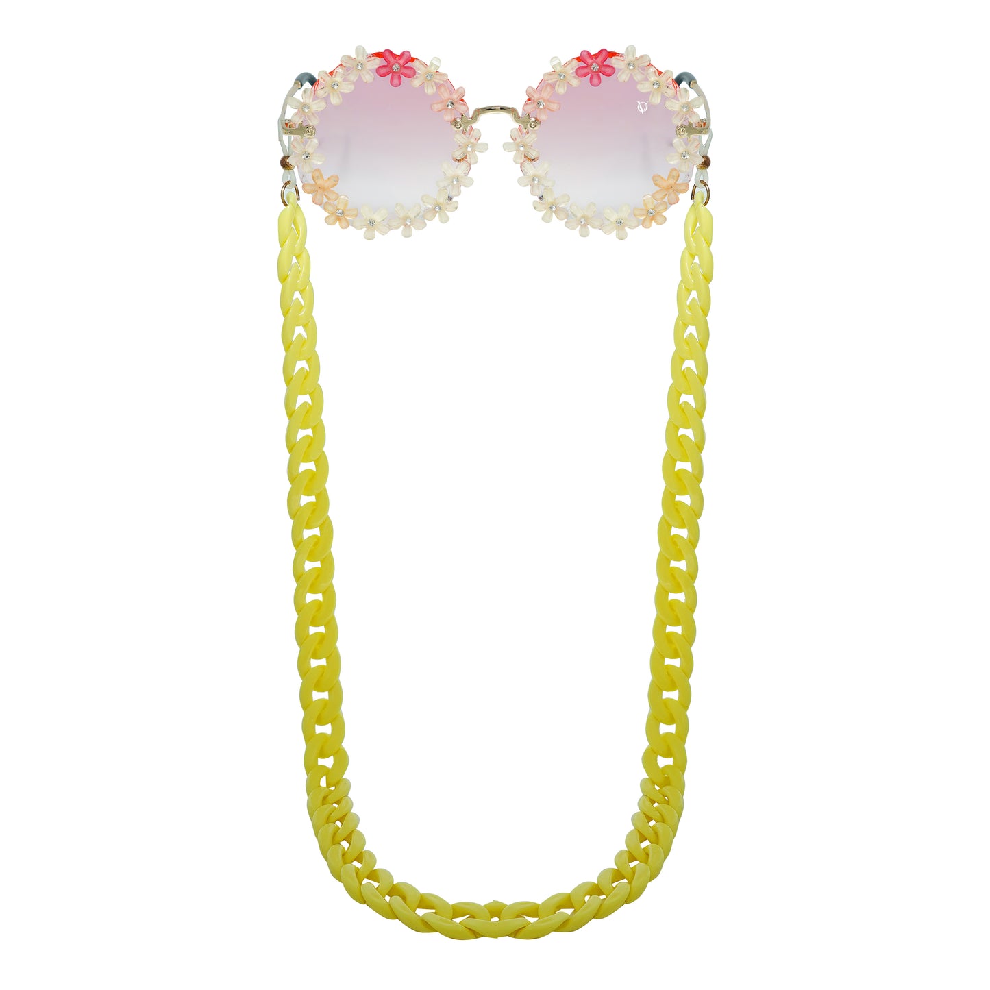 Sunglasses with gradient orange shade flower crystal-studded lenses attached to a bold chunky yellow chain-front view