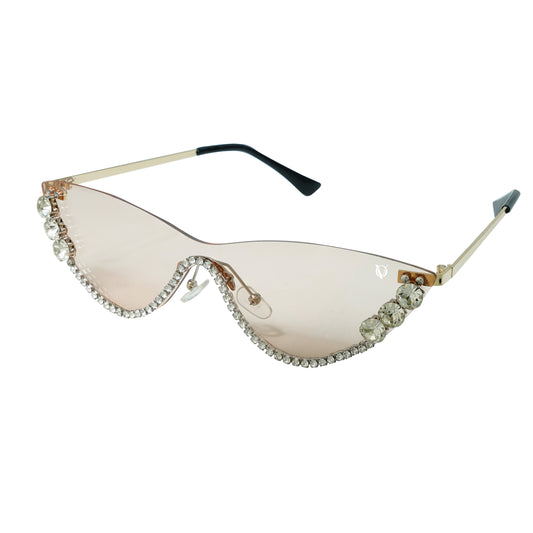 Rimless sunglasses with crystal rhinestone embellishments on the edges and tinted lenses-angle view