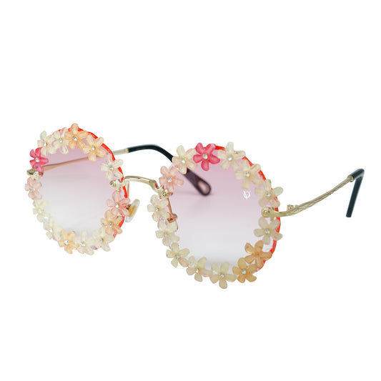 Sunglasses with gradient orange shade, flower crystal-studded lenses-angle view