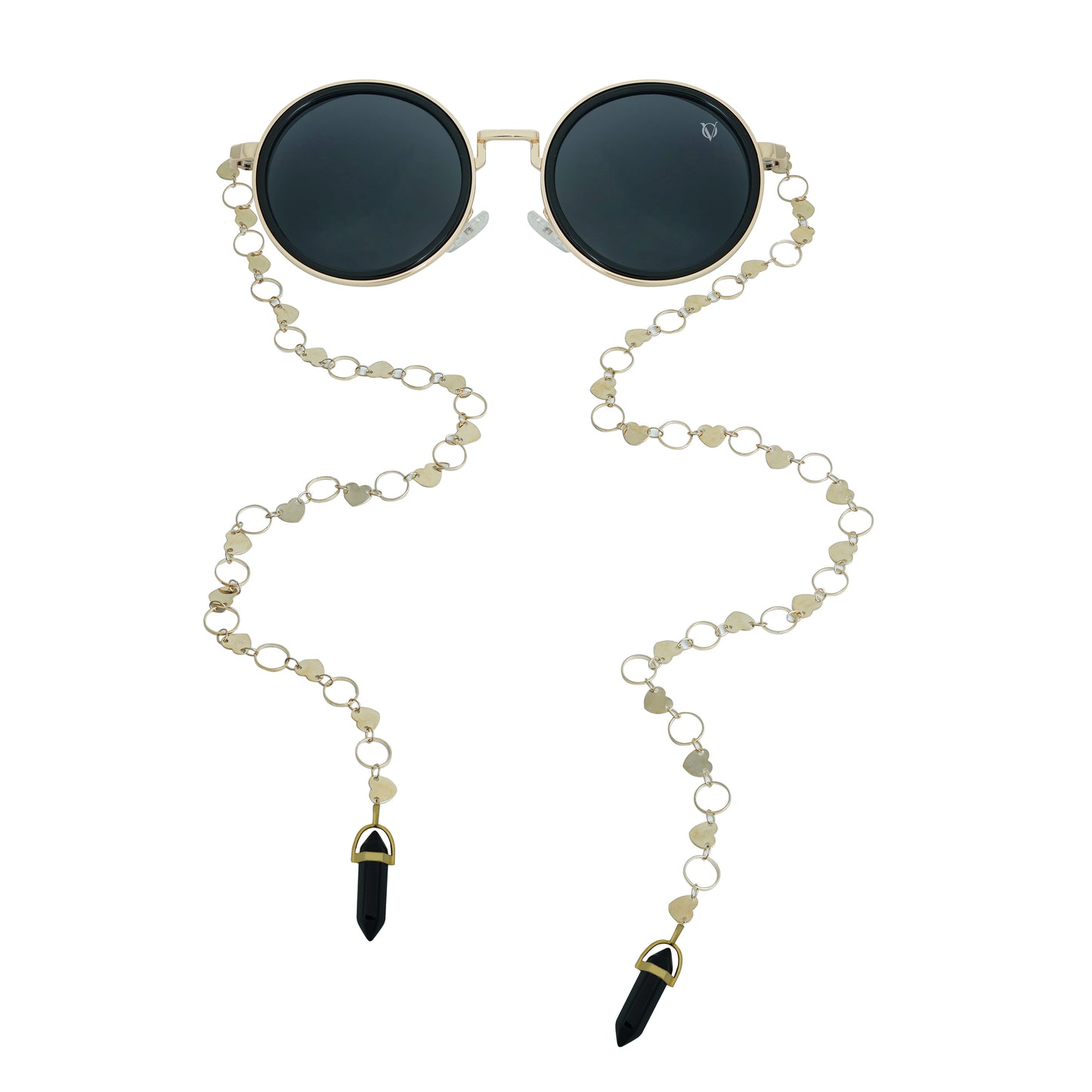 Round sunglasses with dark lenses, a gold frame, and a dual-link gold chain strap, or oval rings and leaf discs featuring black charms-front view