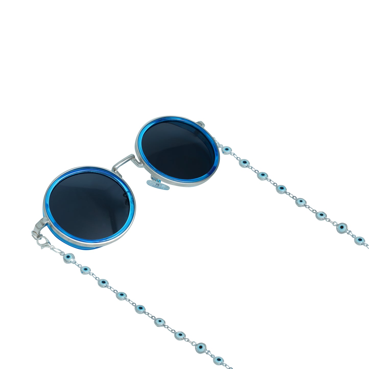 Round black lenses with gold frame attached to evil-eye beaded silver chain attached to blue stone charm with a silver cap-frame view