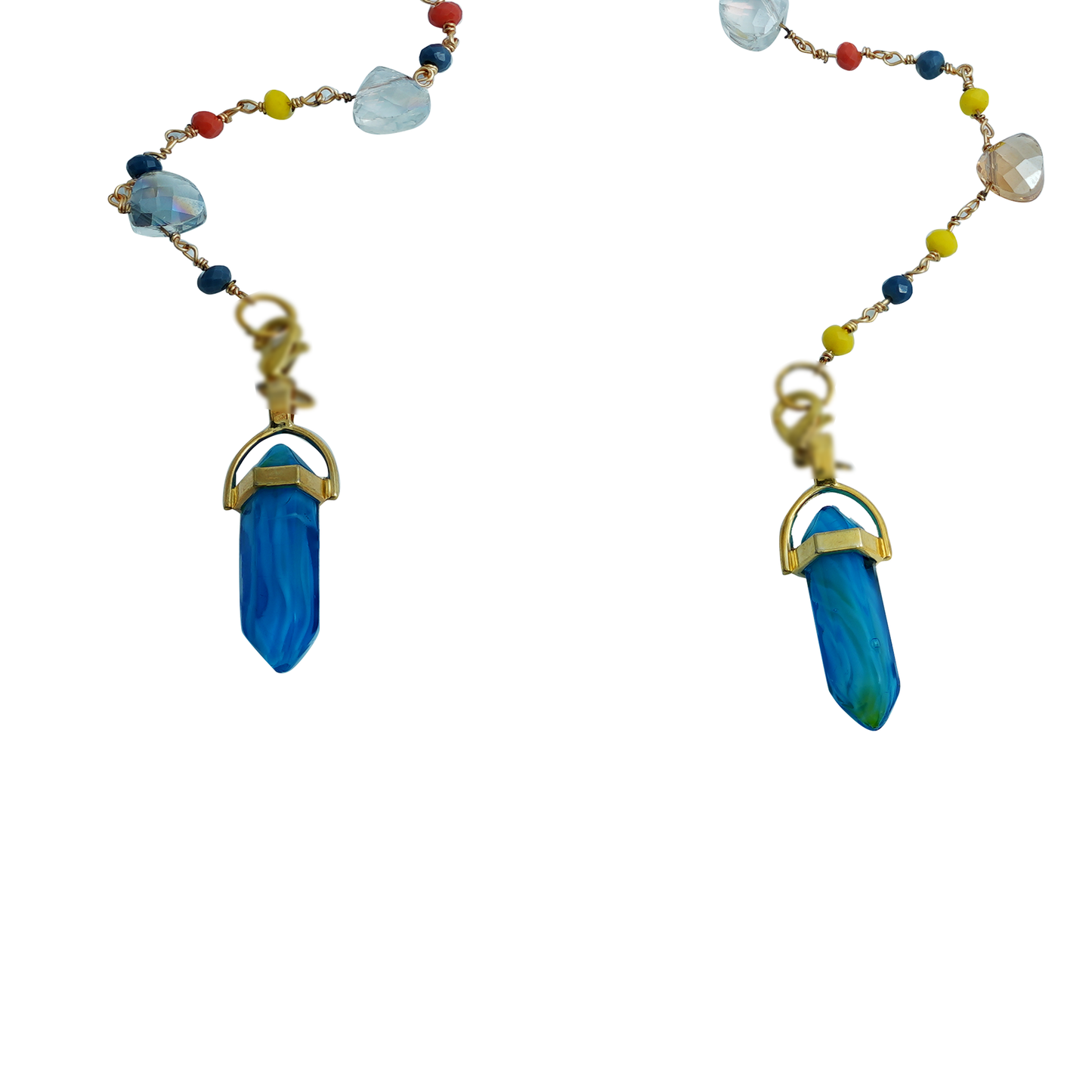 Gold frame sunglasses with blue lenses and colorful beaded chain featuring blue crystal pendants-charm view