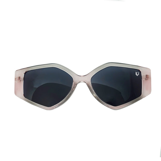 Blush-frame geometric sunglasses with dark lenses-front view