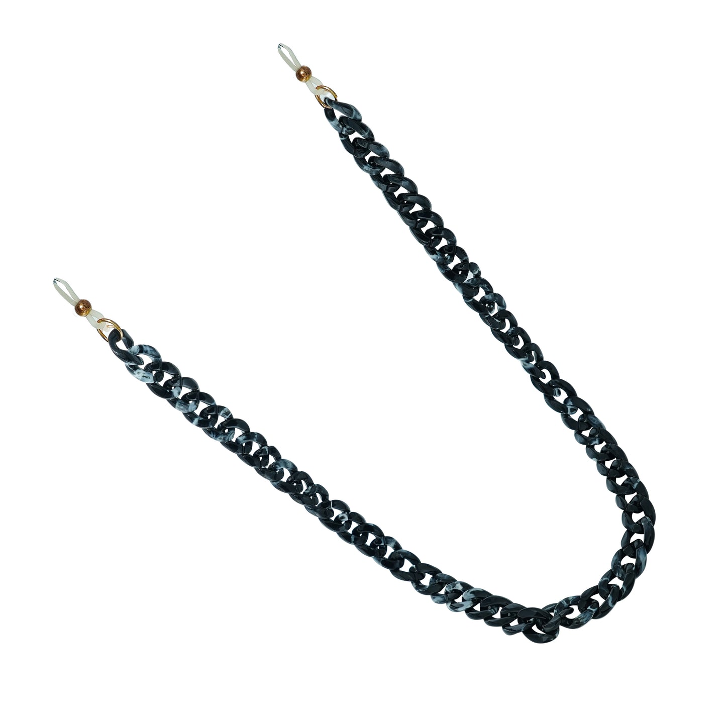 Chunky black acrylic sunglasses chain with interlocking links and white rubber loops on each end.