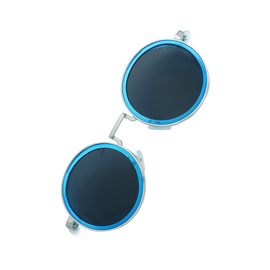 Round sunglasses with silver metallic frame and dark lenses featuring a blue rim accent-angle view
