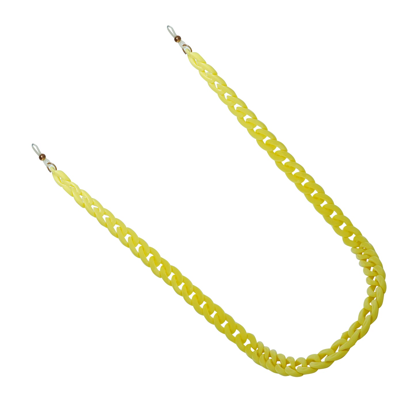 Chunky yellow acrylic sunglasses chain with interlocking links and white rubber loops on each end.