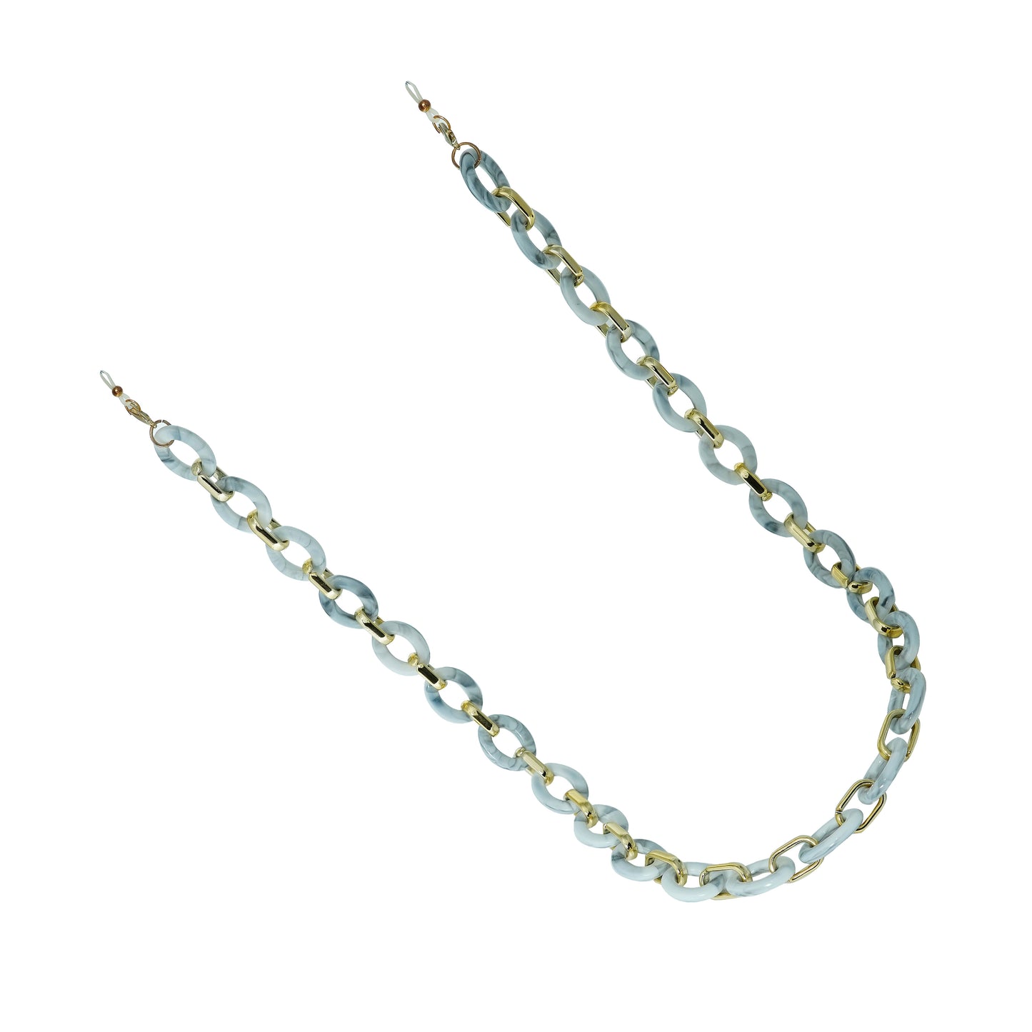 Chunky light blue and gold chain strap for sunglasses with interlocking acrylic links and end loops.