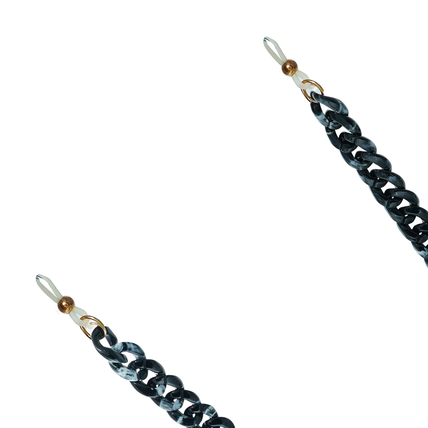 Chunky black acrylic sunglasses chain with interlocking links and white rubber loops on each end-zoomed view