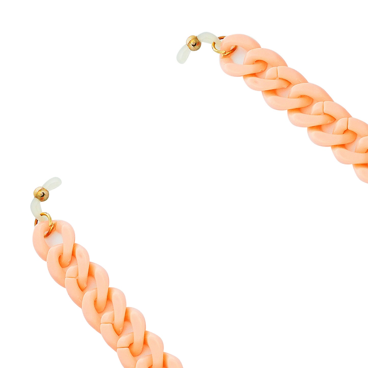 Chunky peach resin sunglasses chain with interlocking links & white rubber loops on each end-zoomed view