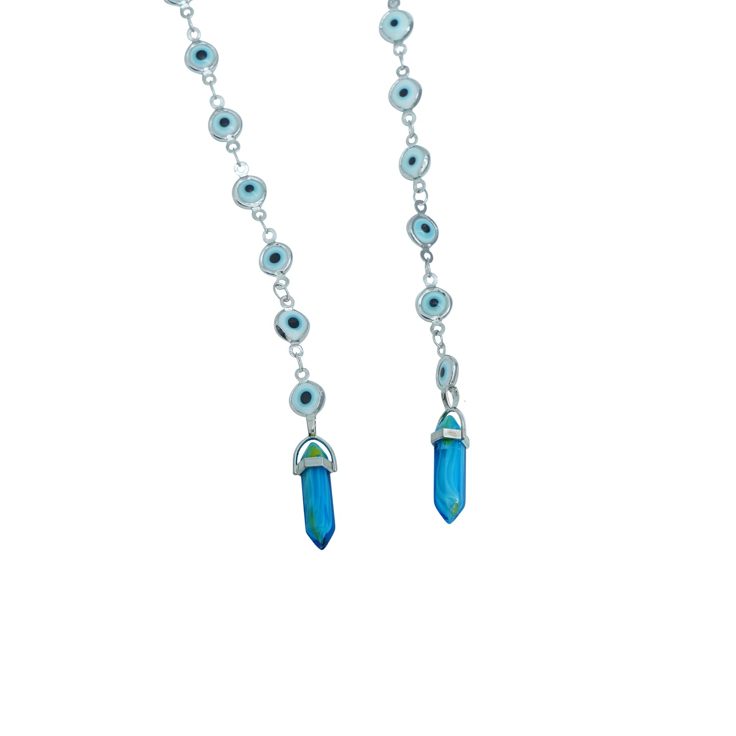 Round black lenses with gold frame attached to evil-eye beaded silver chain attached to blue stone charm with a silver cap-chain view