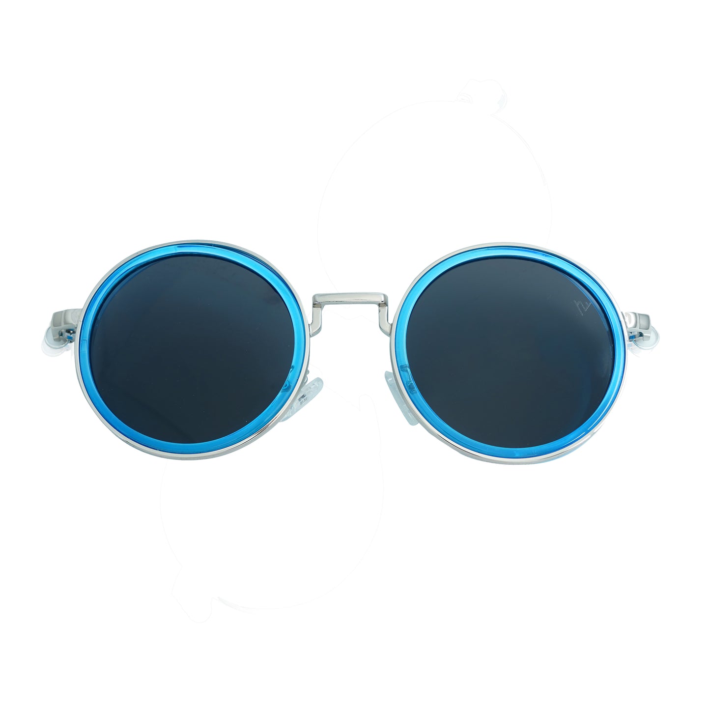 Round sunglasses with silver metallic frame and dark lenses featuring a blue rim accent-front view
