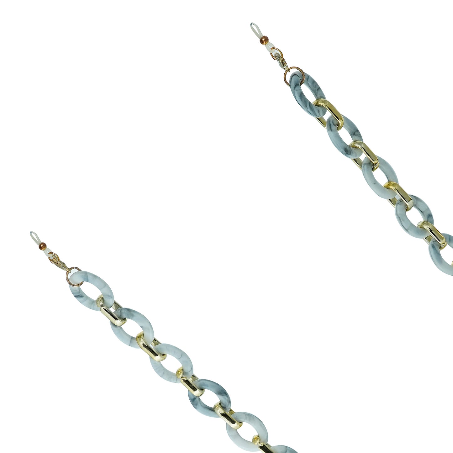 Chunky light blue and gold chain strap for sunglasses with interlocking acrylic links and end loops-zoomed view