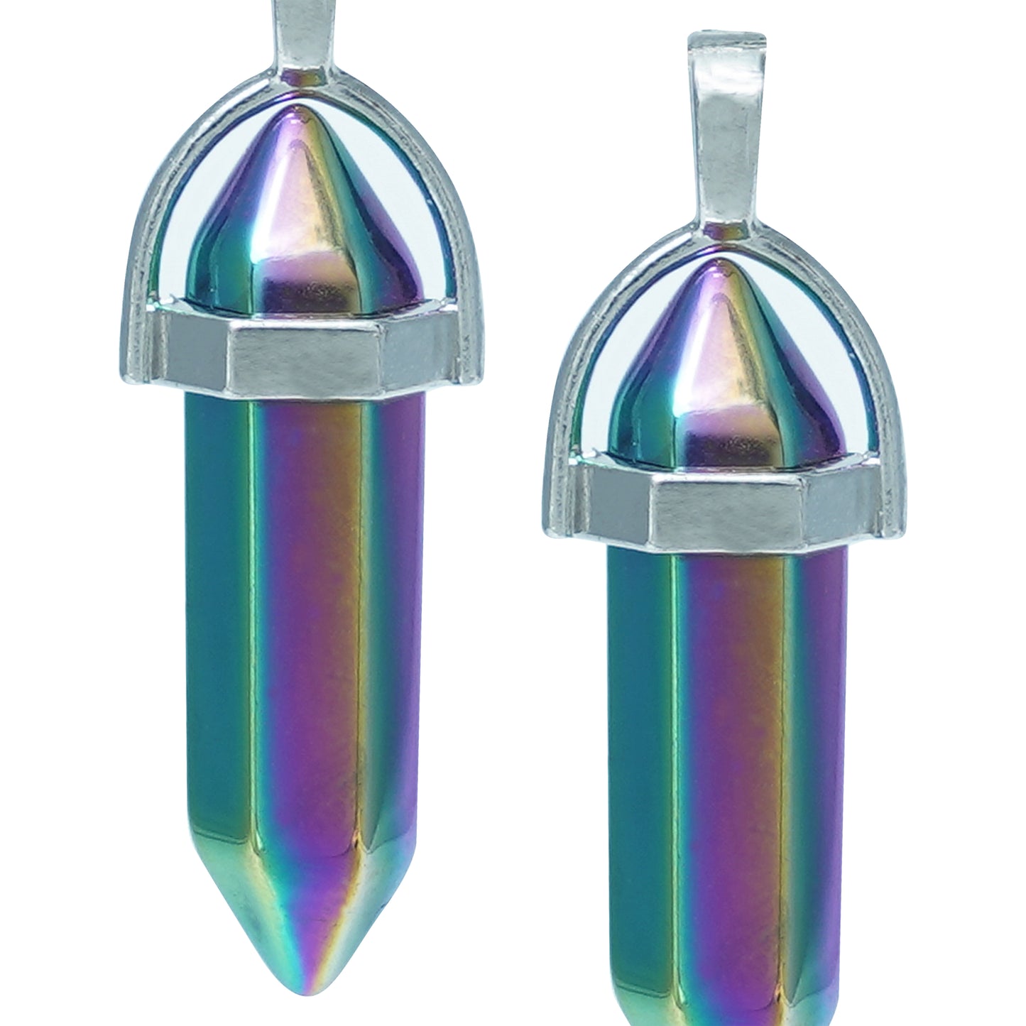 Holographic vibrant crystal point charms with a silver cap -zoomed view