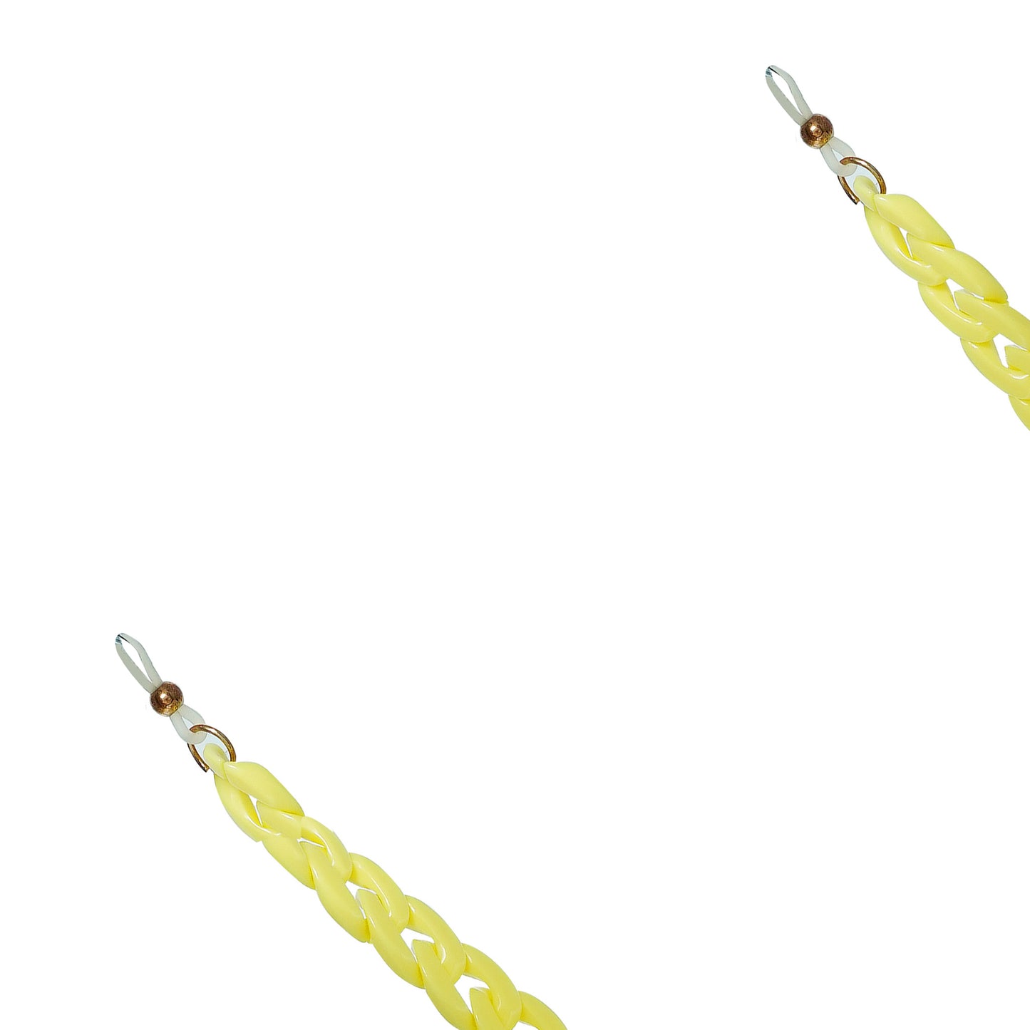 Chunky yellow acrylic sunglasses chain with interlocking links and white rubber loops on each end-zoomed view