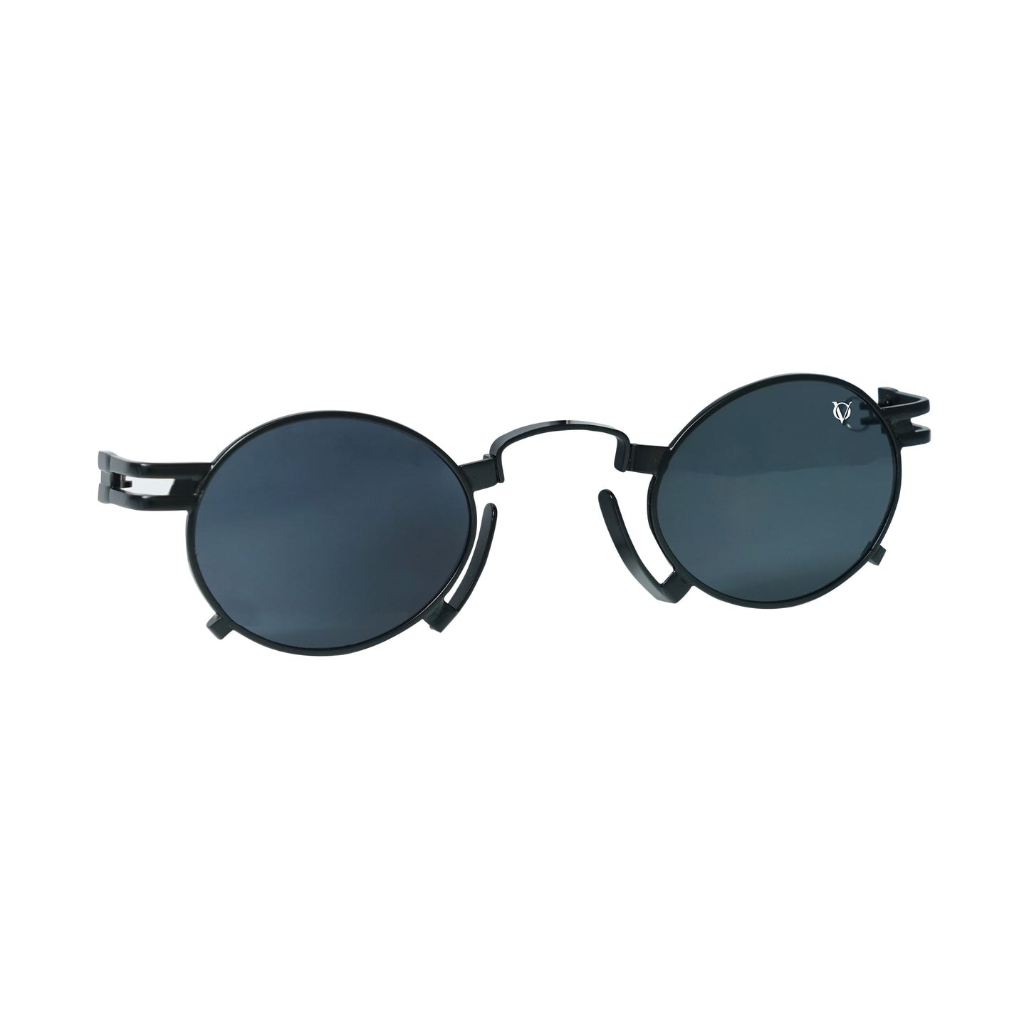 Black square sunglasses with polarized grey lenses and a durable lightweight black frame-tilted view