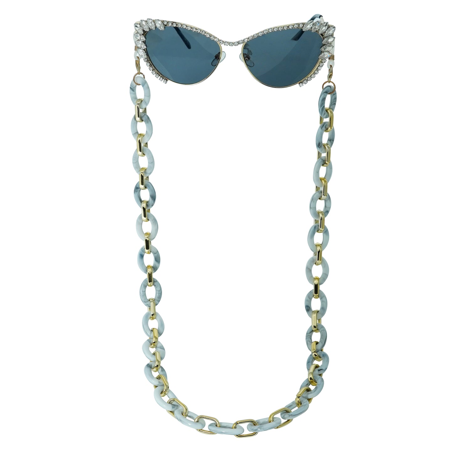 Best crystal-studded cat-eye frames sunglasses with a white chain linked with a gold linker for women's to go to a party