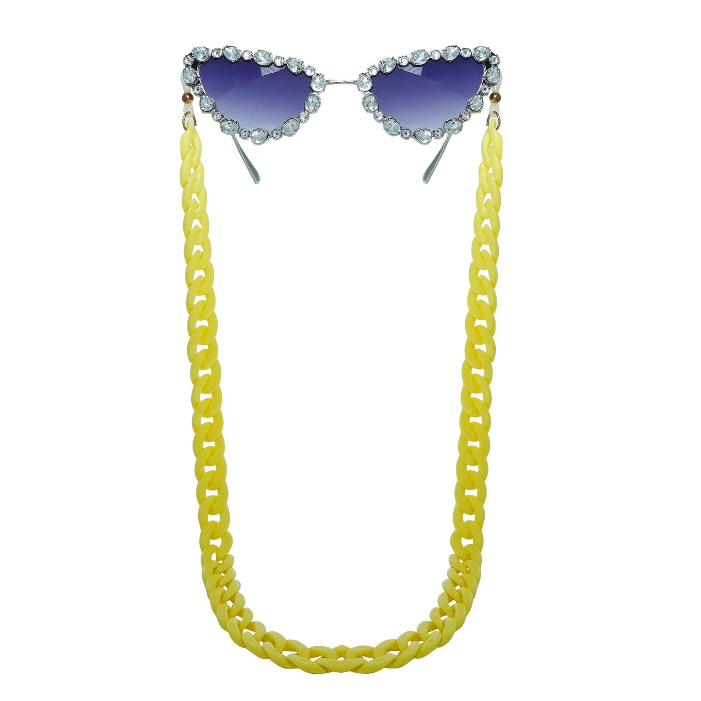 Glimmery oval crystal-studded cat-eye frames with blue gradient lenses attached with a yellow funky chain for trend lovers.