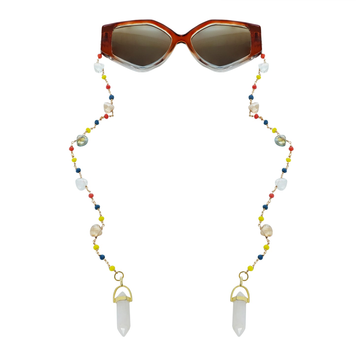 Bold oversized hexagonal frames with multicolored small beads balanced with light translucent crystal and white charms for women's fashion.