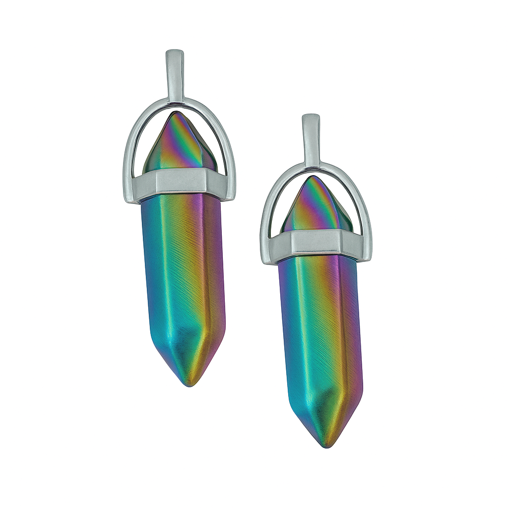 Holographic, vibrant crystal pointed charms with a silver cap-front view