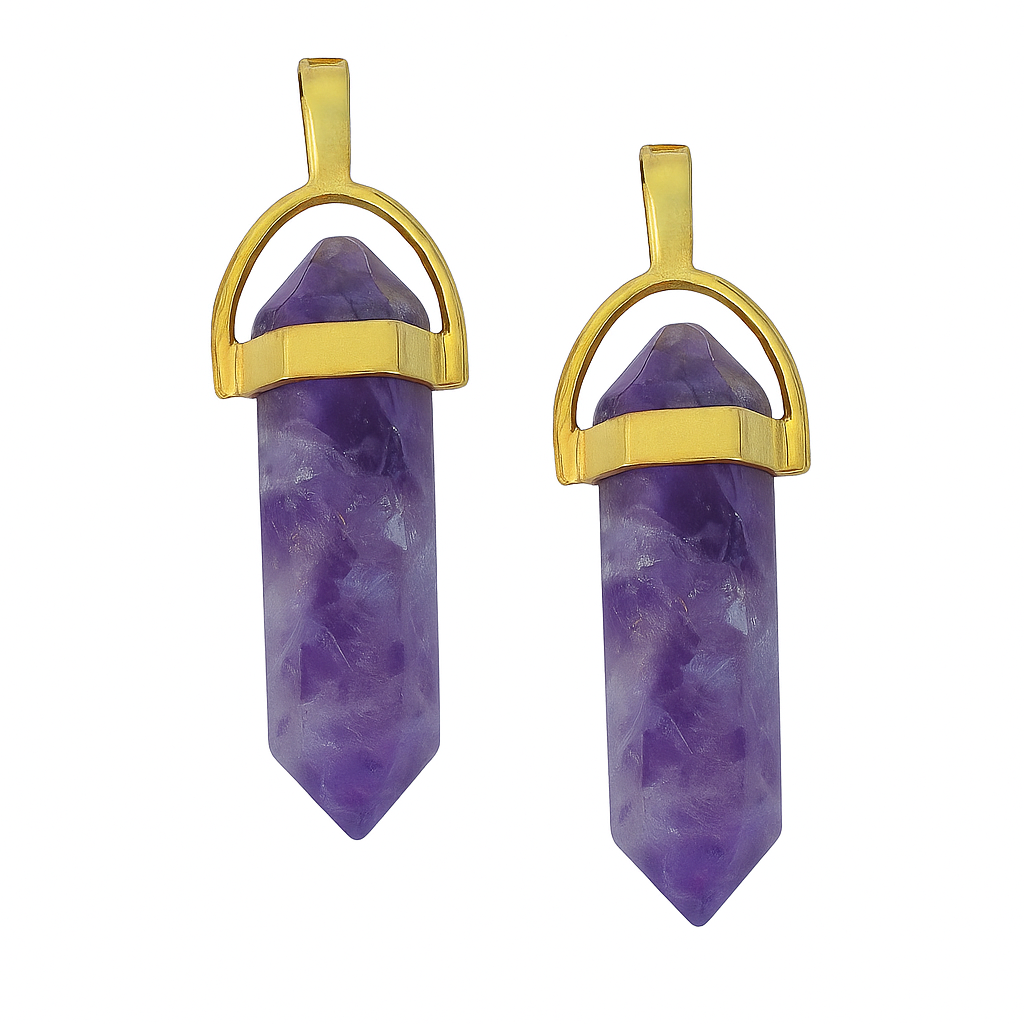 Purple sodalite crystal pointed charms with golden caps-front view