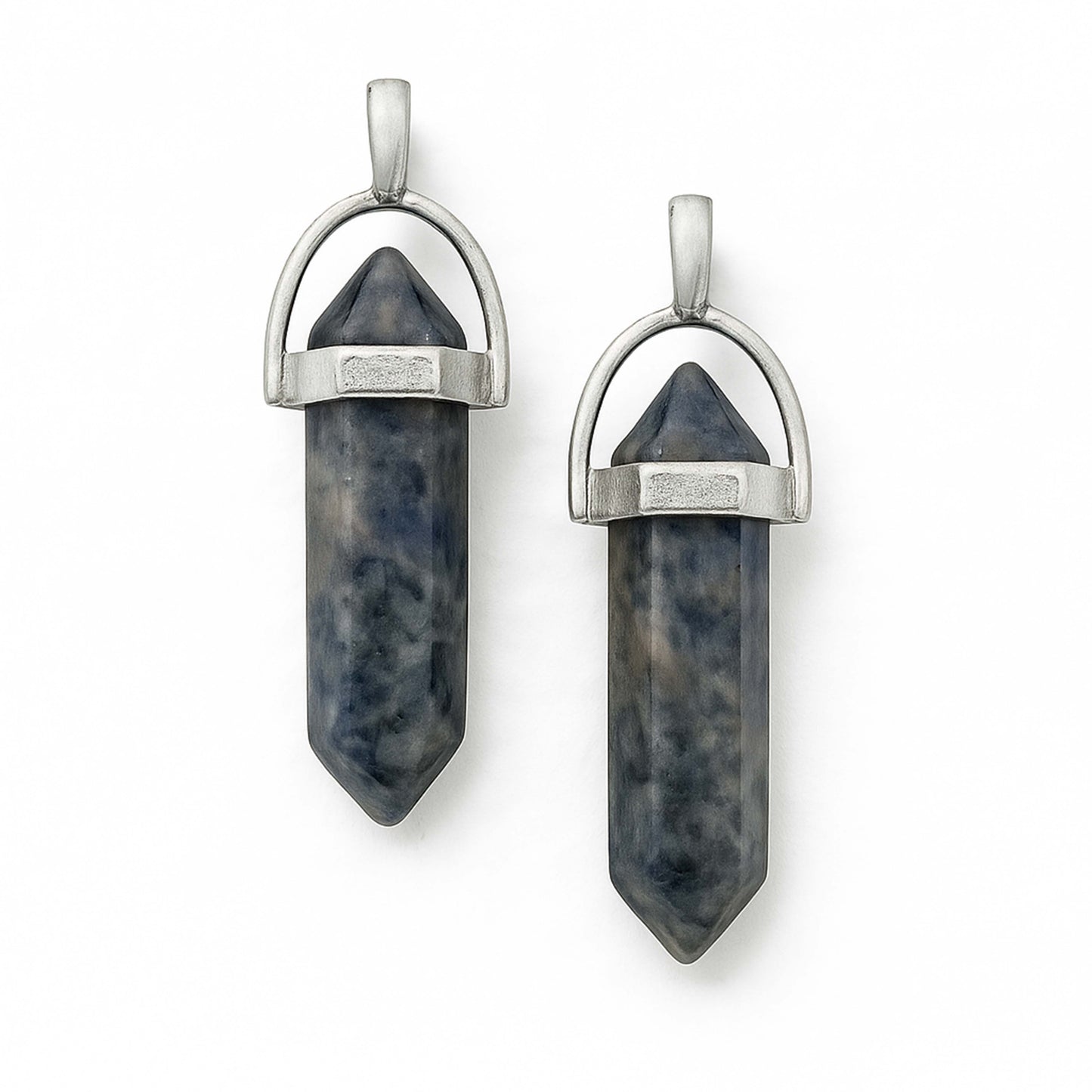 Blue sodalite crystal pointed charms with silver caps-front view