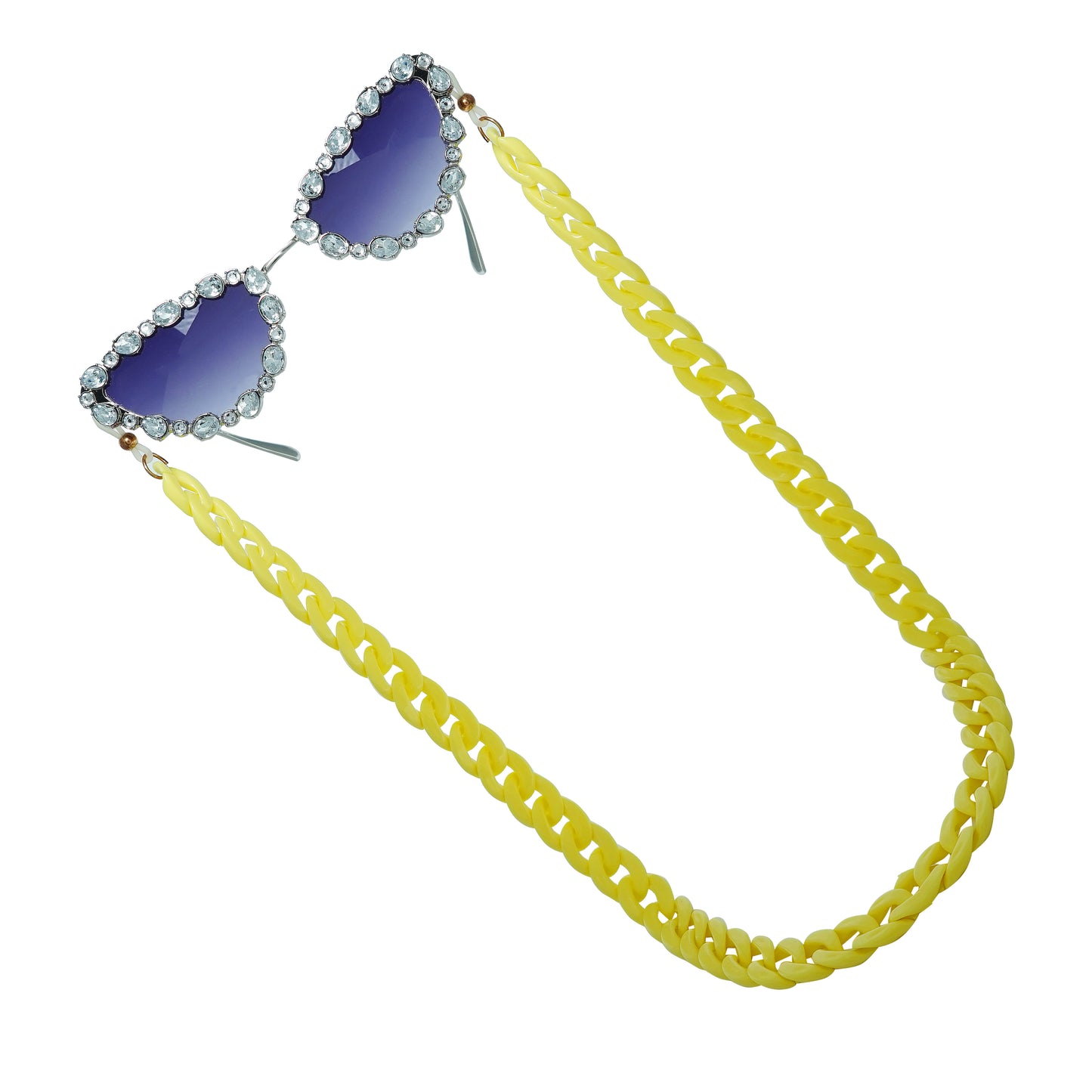 Glimmery oval crystal-studded cat-eye frames with blue gradient lenses attached with a yellow funky chain for trend lovers-tilted pose