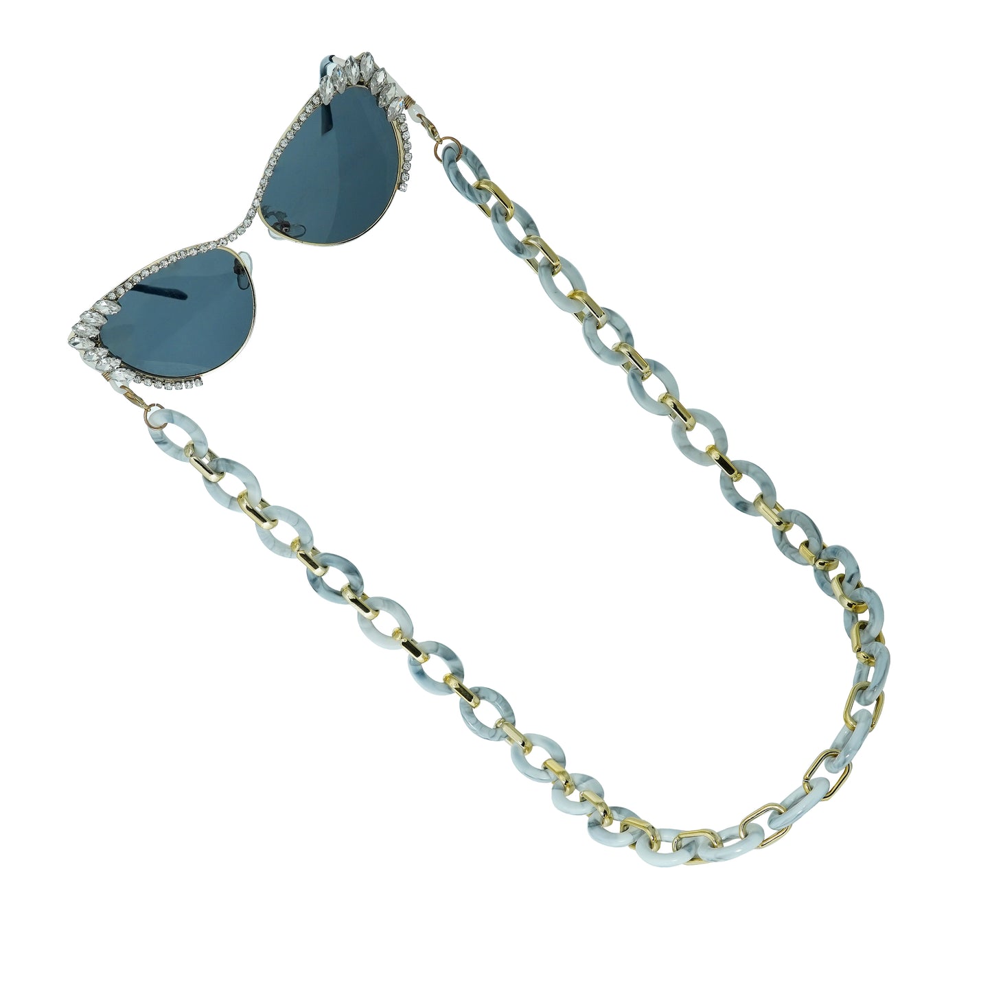 Best crystal-studded cat-eye frames sunglasses with a white chain linked with a gold linker for women's to go to a party-tilt pose