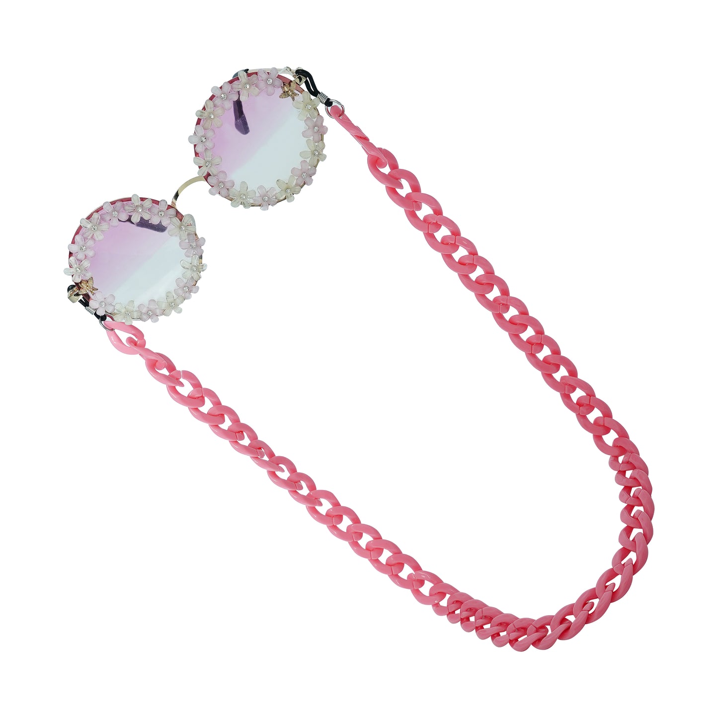 Elegant round sunglasses with floral crystal-studded finishing, adorned with a pink funky chain for a playful vibe-tilted pose