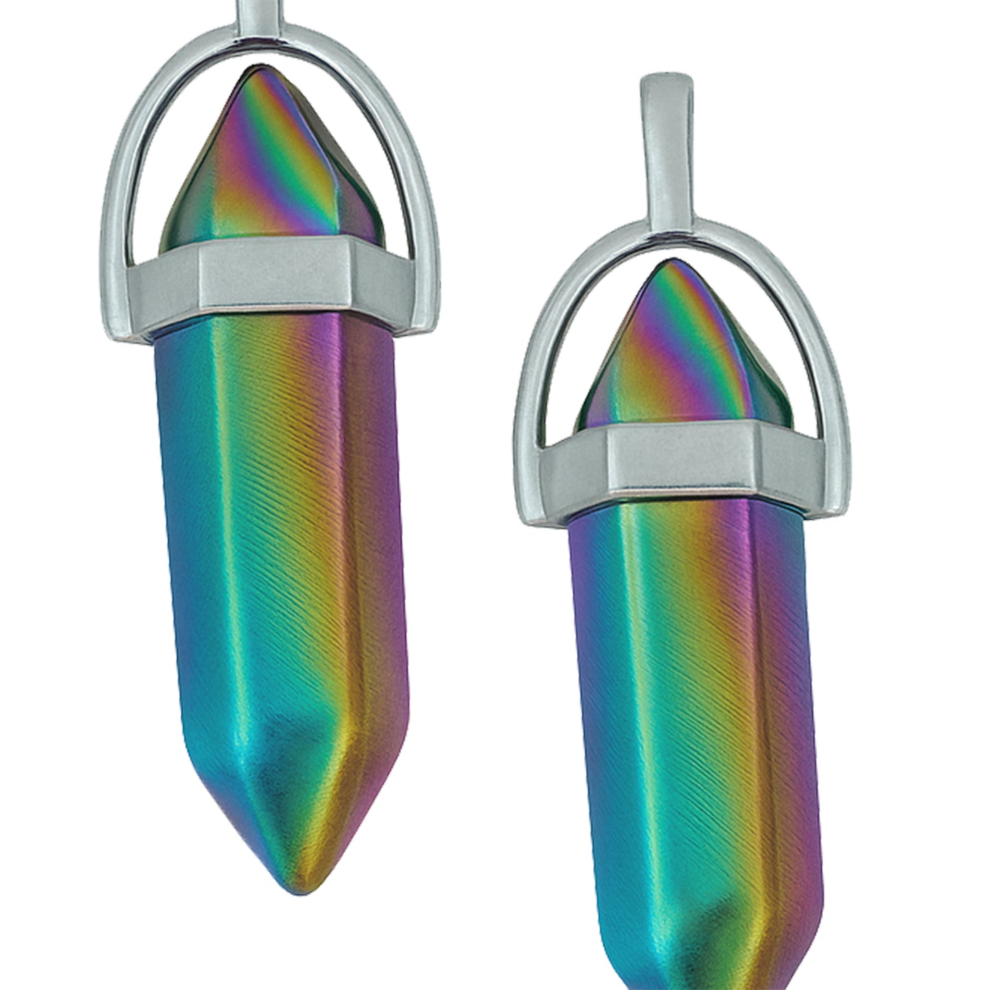 Holographic, vibrant crystal pointed charms with a silver cap-zoomed view