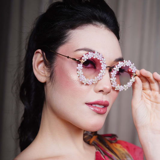 Oversized pink gradient lenses with floral crystal studded finishing-side view