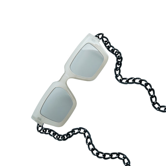 Oversized sqaure framed sunglasses with a white bold frame is connected to a black chain, which holds a pendant shaped black crystal-frame view