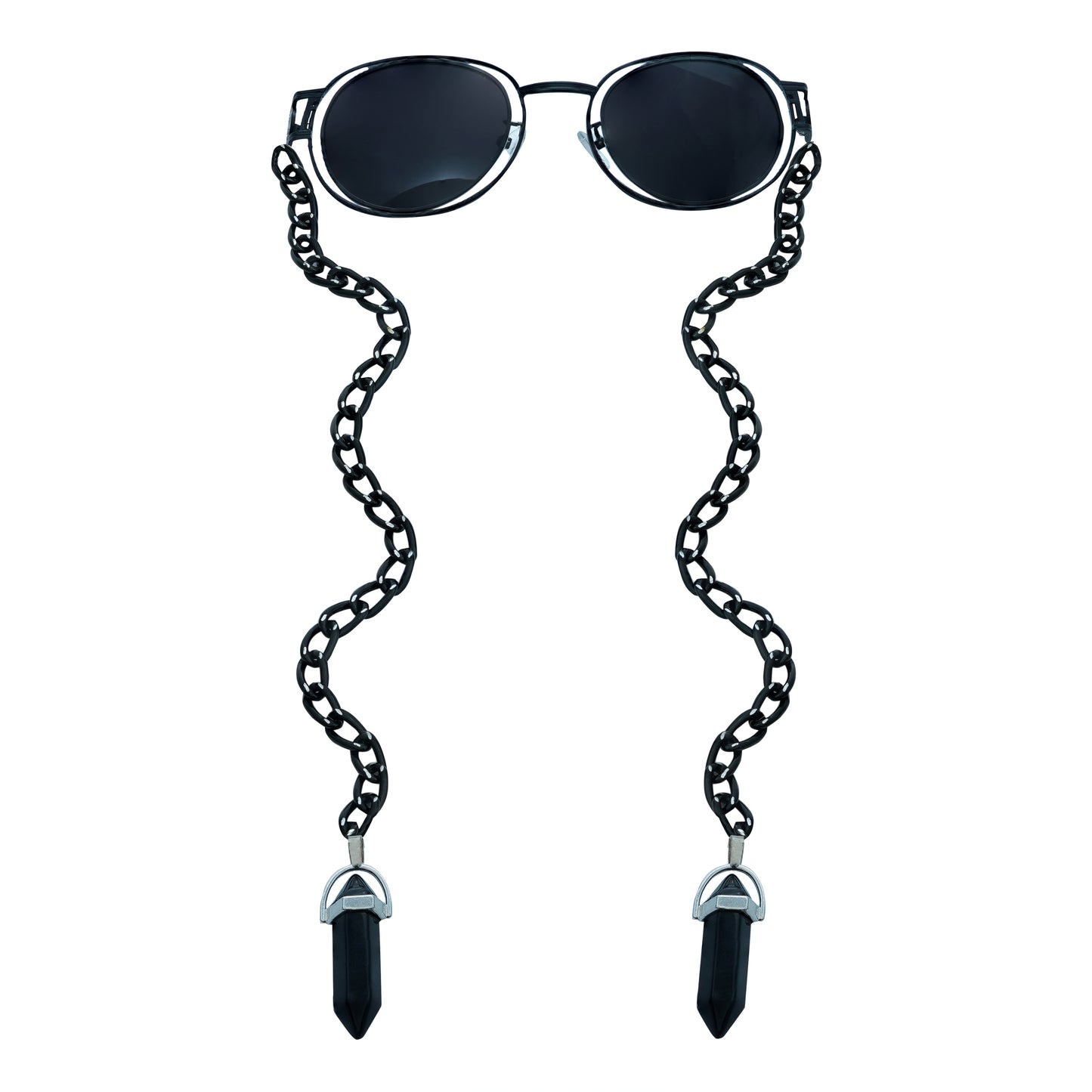 A pair of round, dark-lensed sunglasses with a silver frame is connected to a black chain, which holds a pendant shaped black crystal(Obsidian Stone)-front view